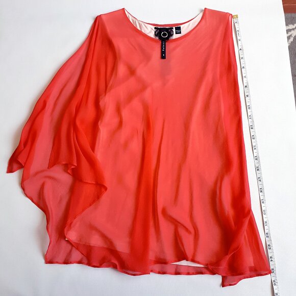 POLECI 100% Silk Cape Sleaveless Blouse in Bright Coral Red Pink Orange - Picture 5 of 16
